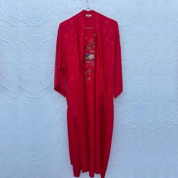 Golden Bee Womens Vintage Embroidered Floral Long Sleeve Robe Red Sz Large - Picture 2 of 11